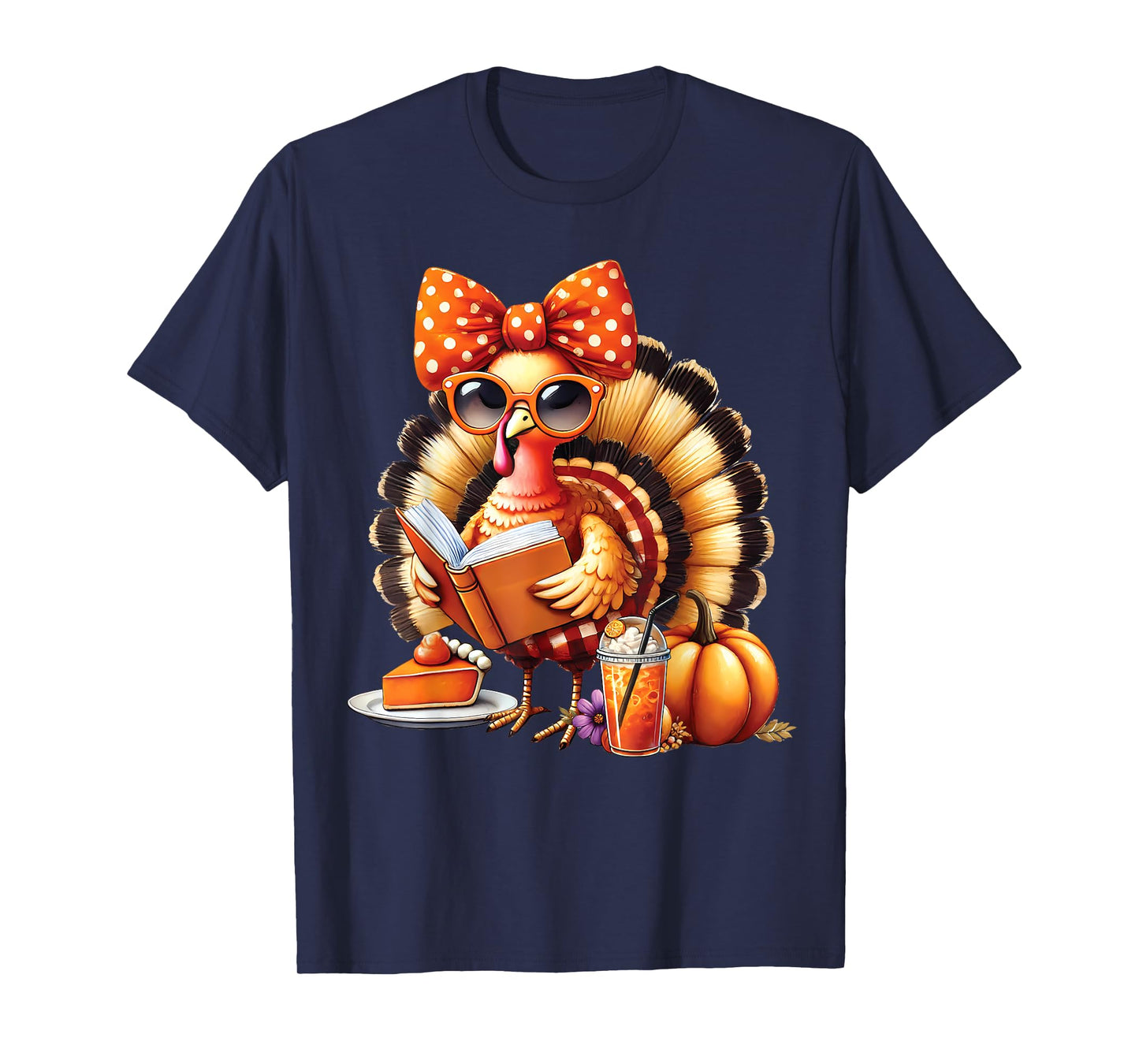 Cute Turkey Reading Book Lovers Thanksgiving Bow Womens T-Shirt