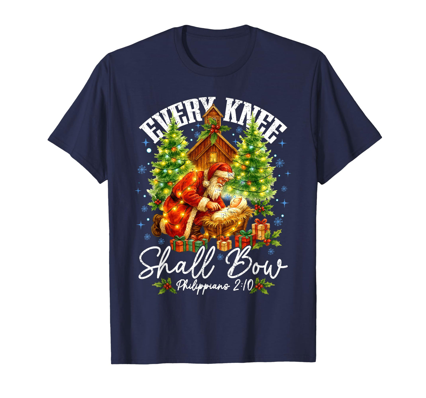 Every Knee Shall Bow Santa Christmas Nativity Scene Xmas T-Shirt