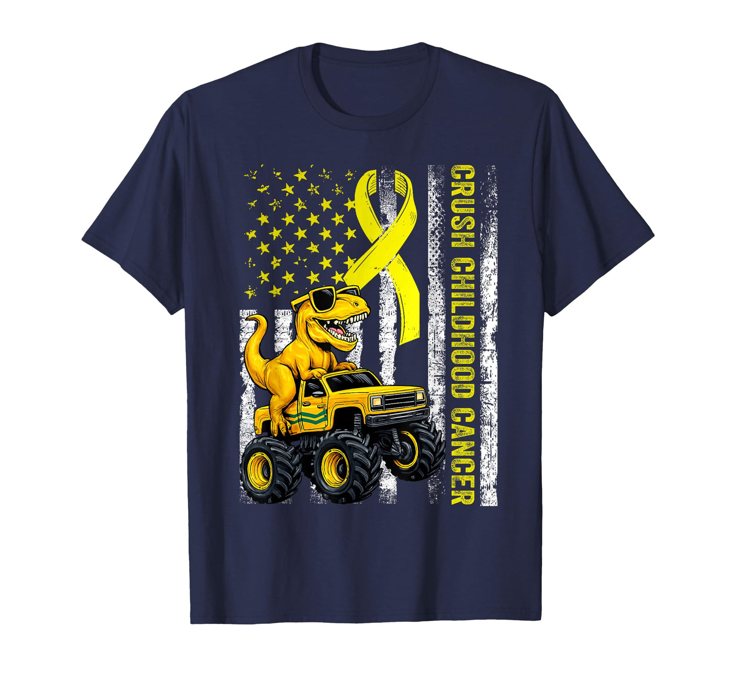 Crush Childhood Cancer 2025 Retro Truck Dinosaur Flag Ribbon T-Shirt