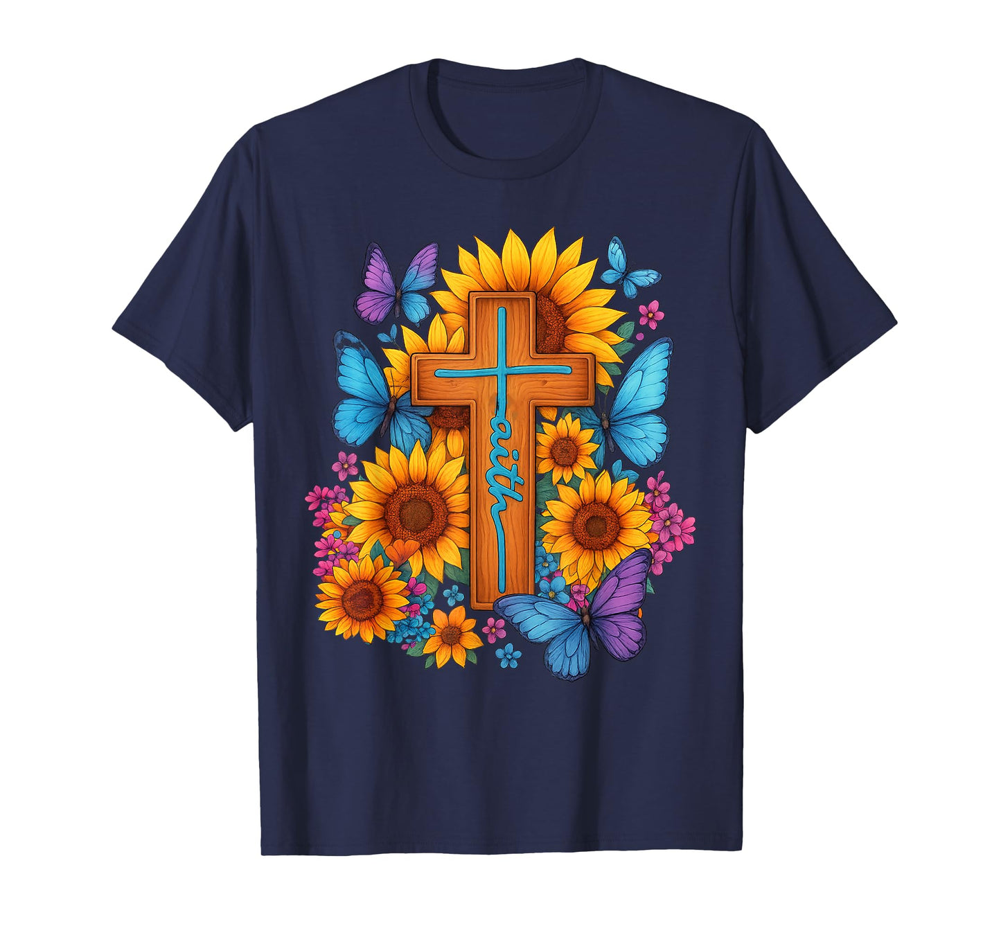 Sunflower Butterfly Cross Faith Christian T-Shirt