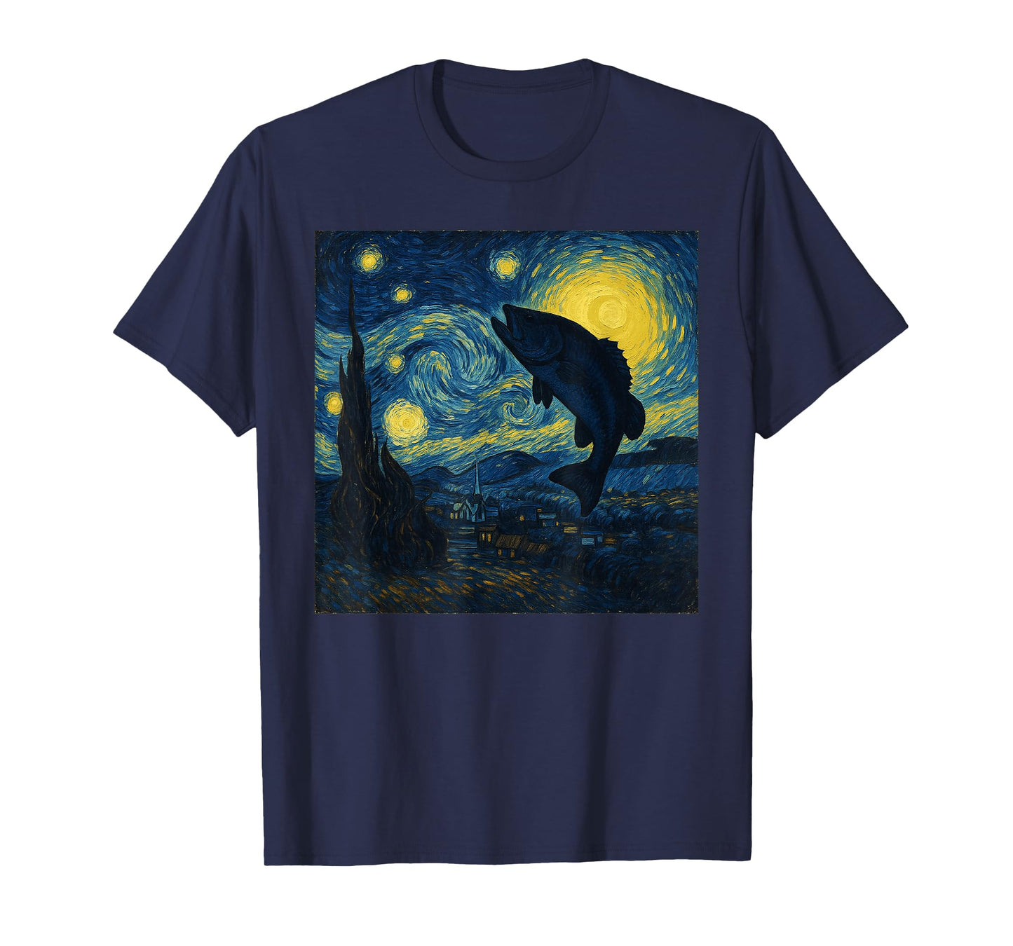 Starry Night Van Gogh Bass Fish Fisherman Funny Graphic T-Shirt