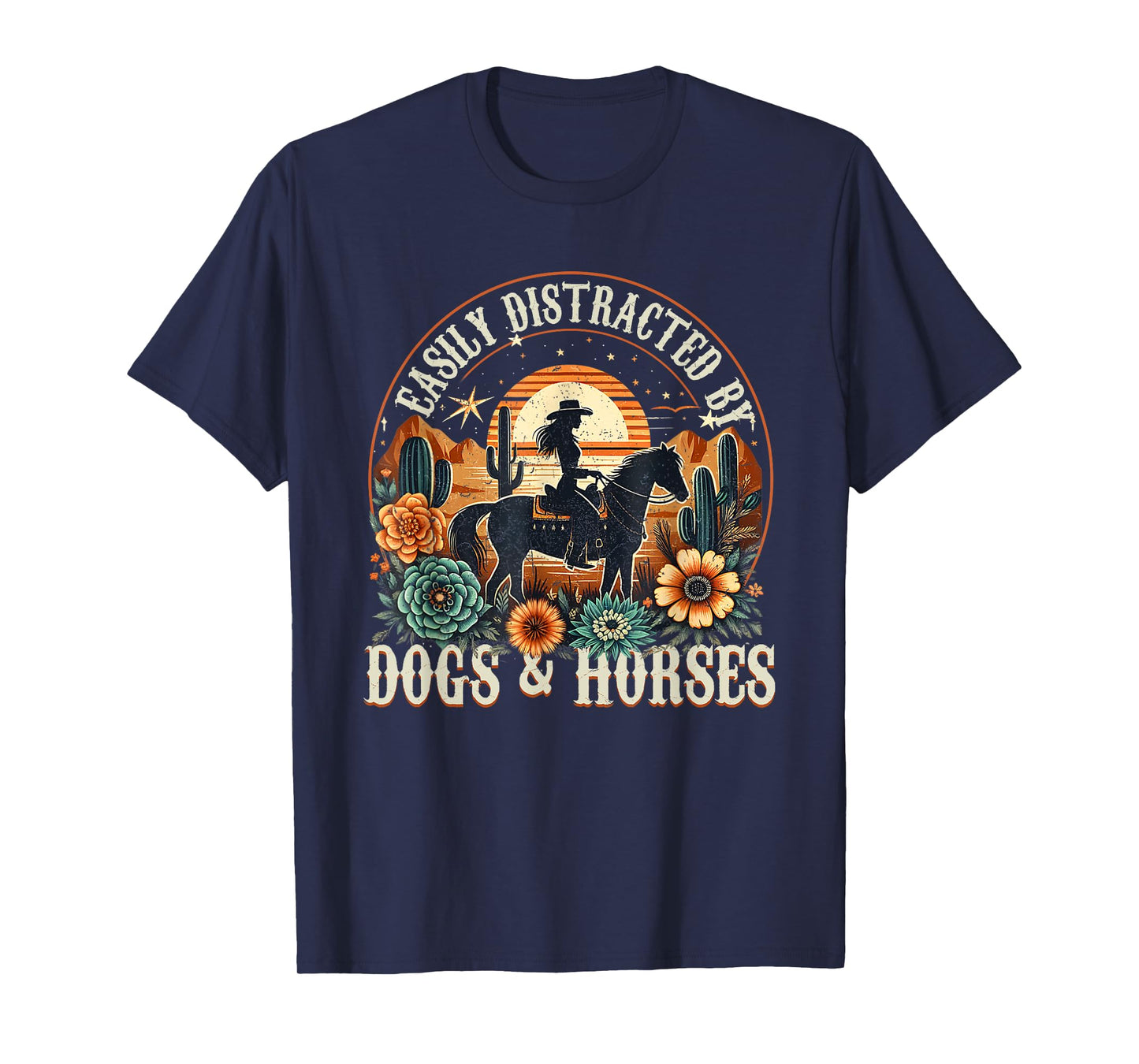 Easily Distracted By Dogs And Horse Funny Horse Retro Sunset T-Shirt