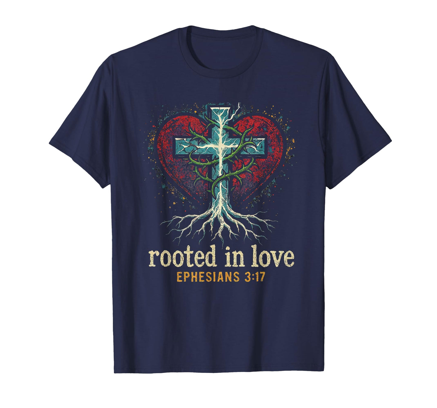 Cross of Jesus Rooted in Love -Punk Art Distressed Christian T-Shirt