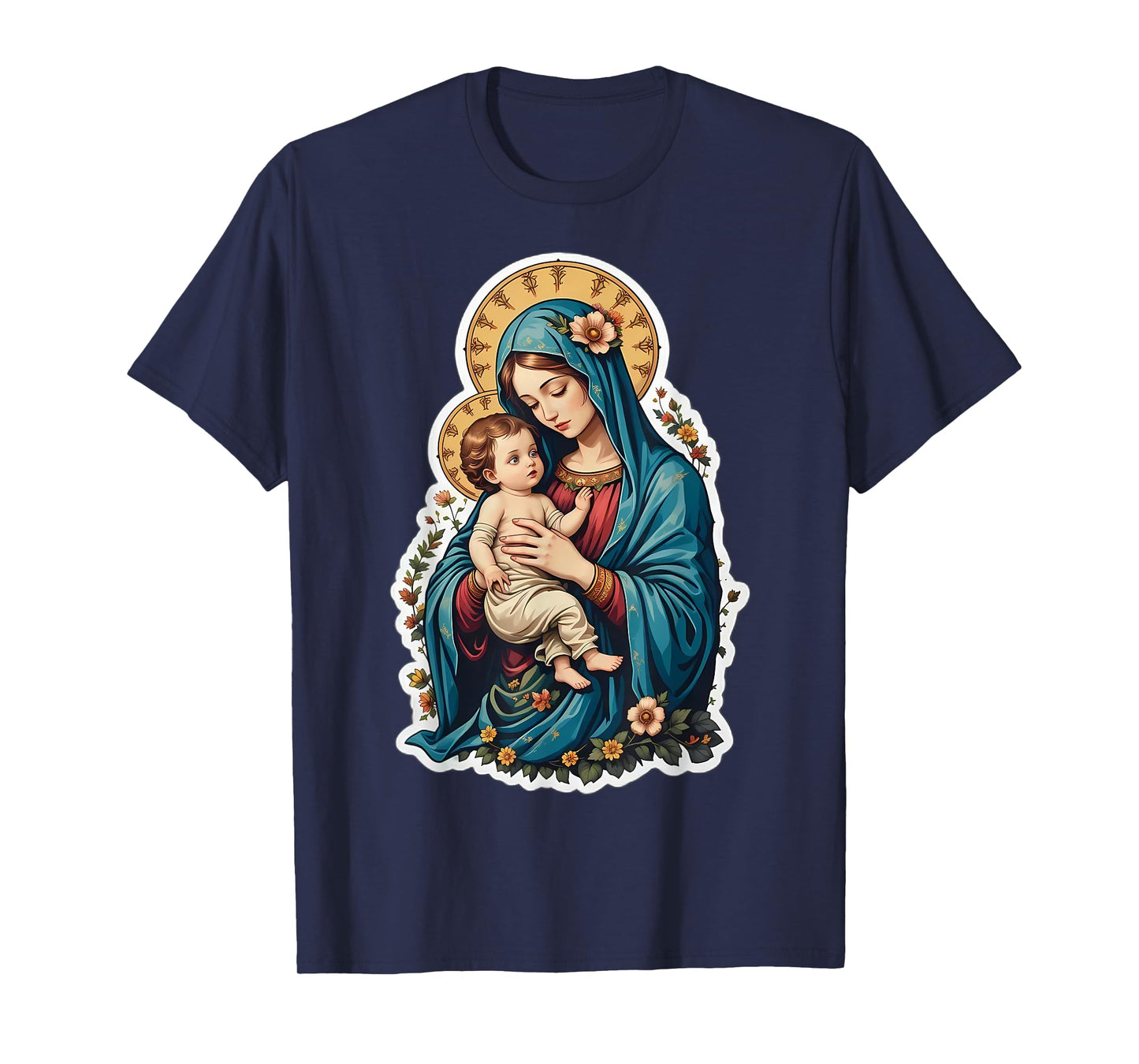 Floral Saint Mary with Baby Jesus Christ Santa Maria Panagia T-Shirt