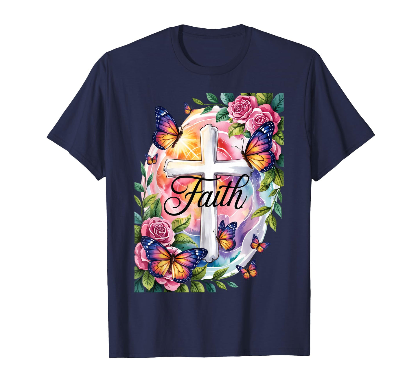 Faith Cross Butterflies Floral Religious Christ Flowers T-Shirt