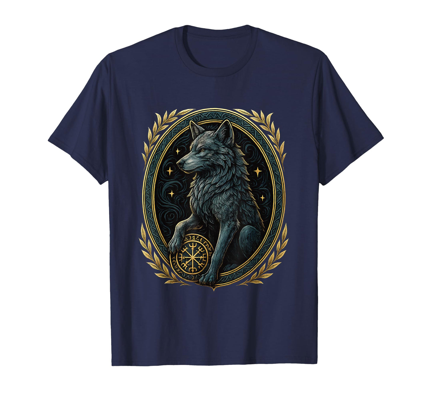 Norse Wolf with Helm of Awe Aegishjalmur Runes Viking Symbol T-Shirt