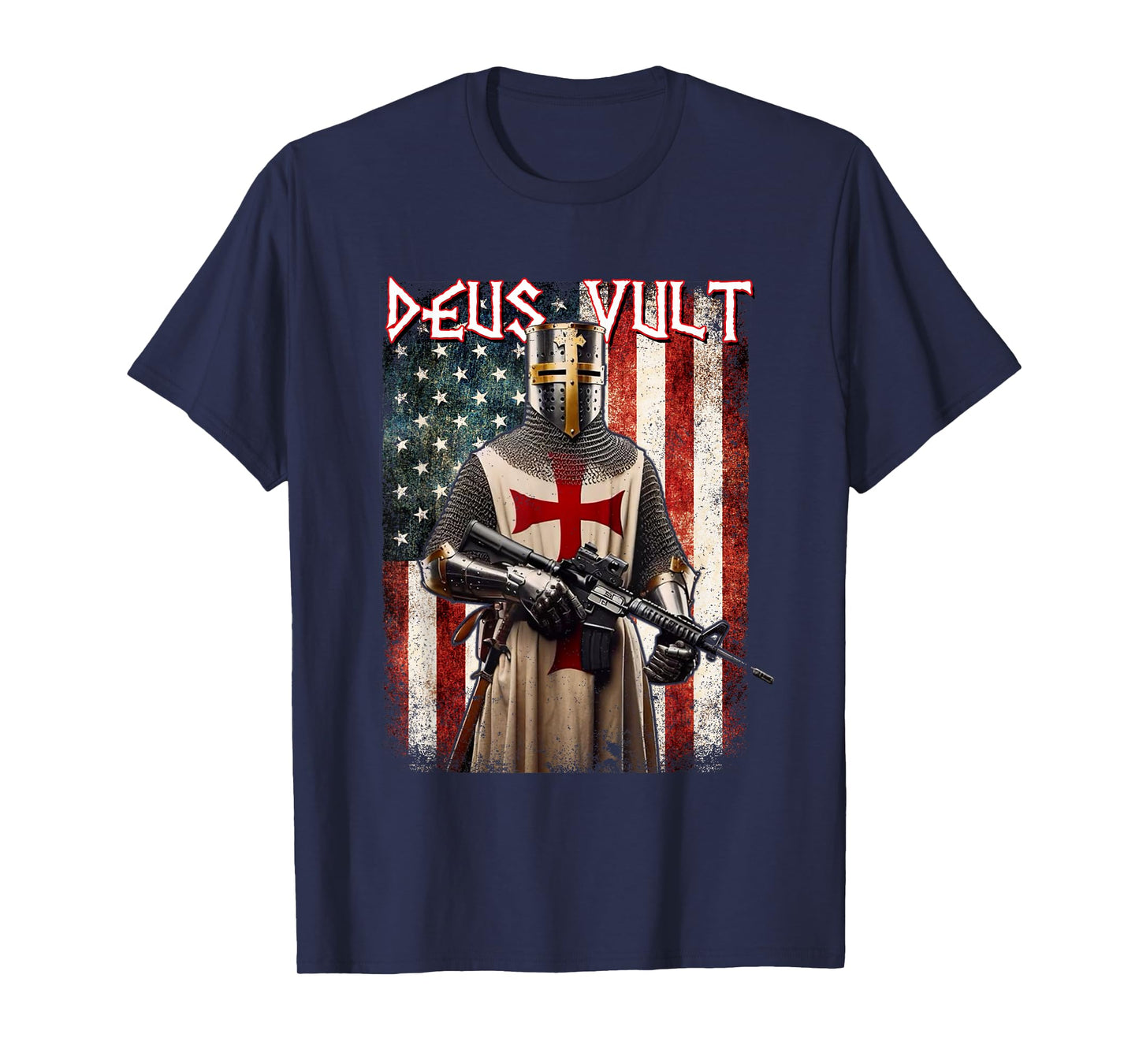 Deus Vult Medieval Knight Templar American Flag Crusader T-Shirt
