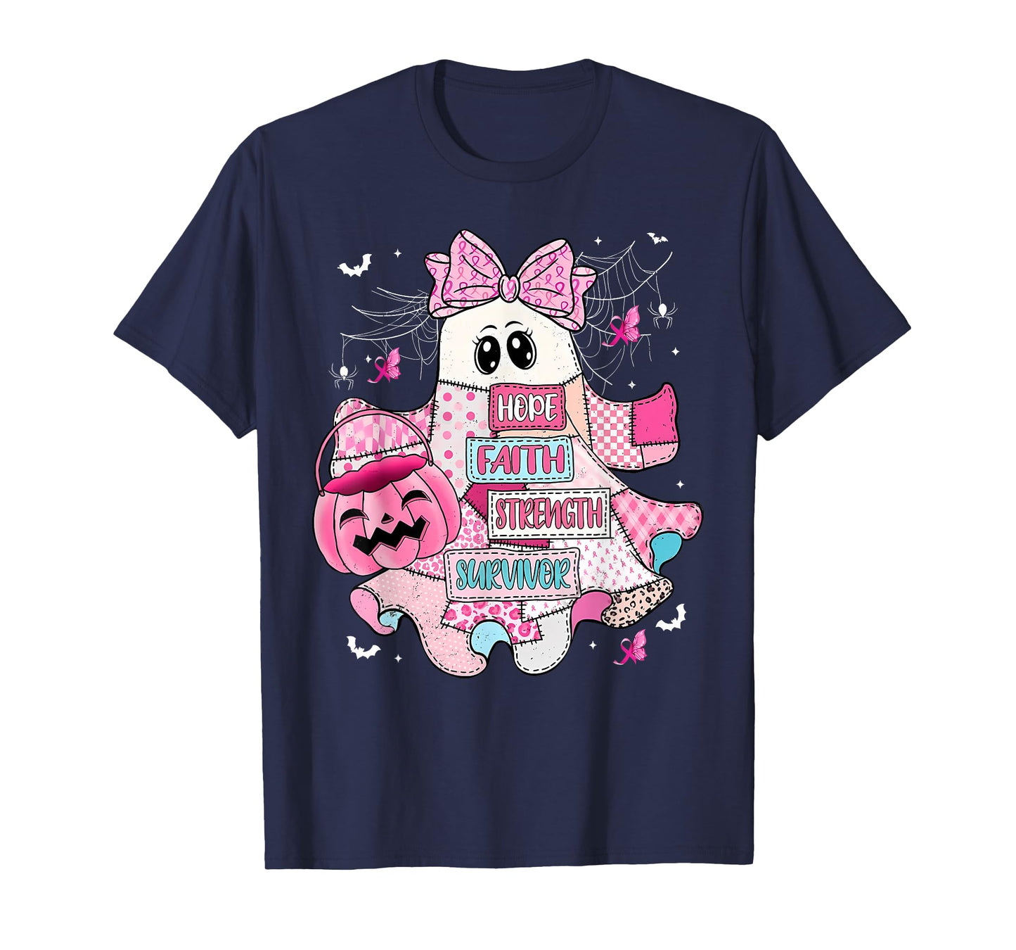 Breast Cancer Ghost Bow Hope Faith Strength Halloween T-Shirt