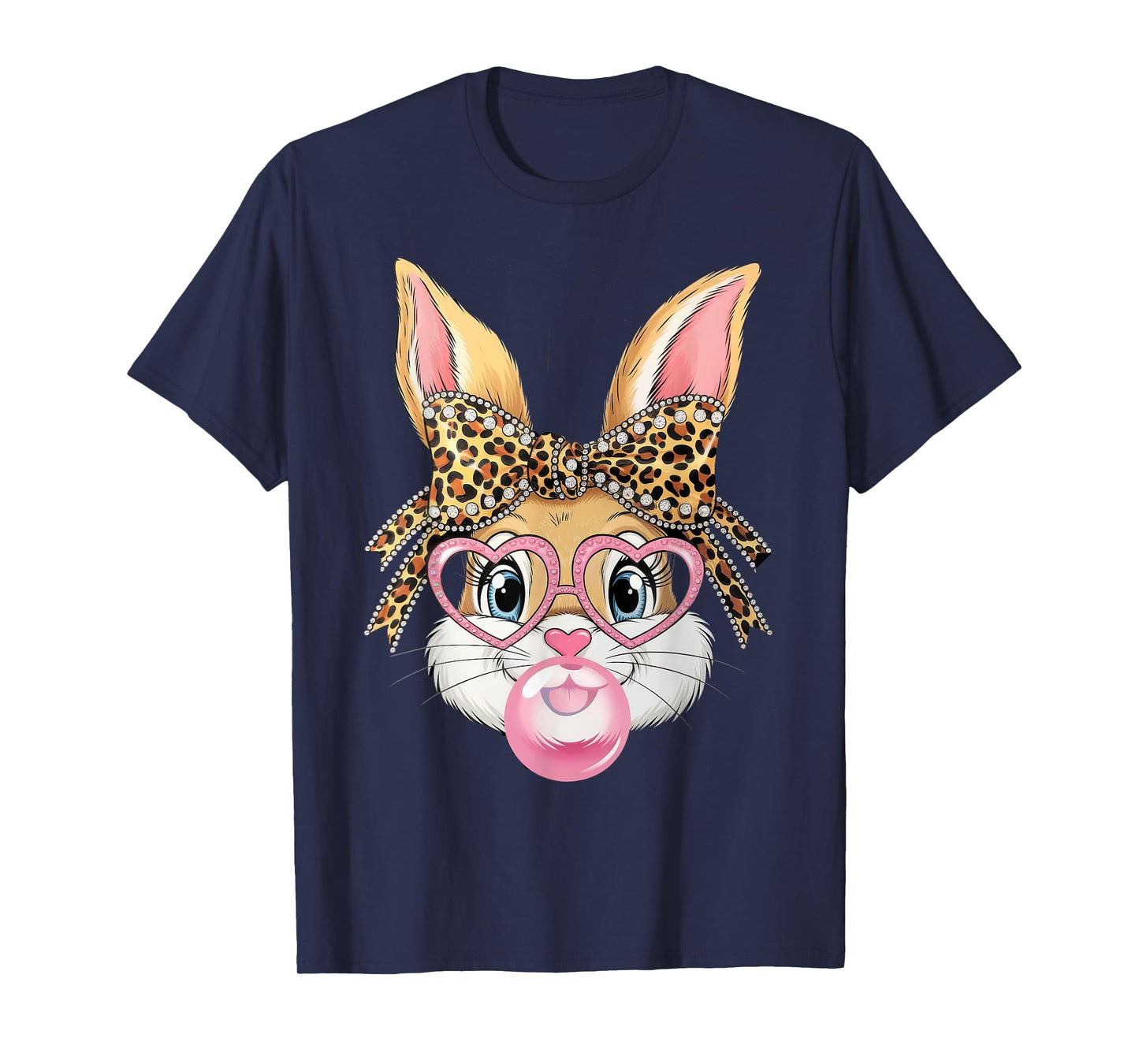 Cute Leopard Glasses Bunny Bubble Gum Shirt Happy Easter Day T-Shirt