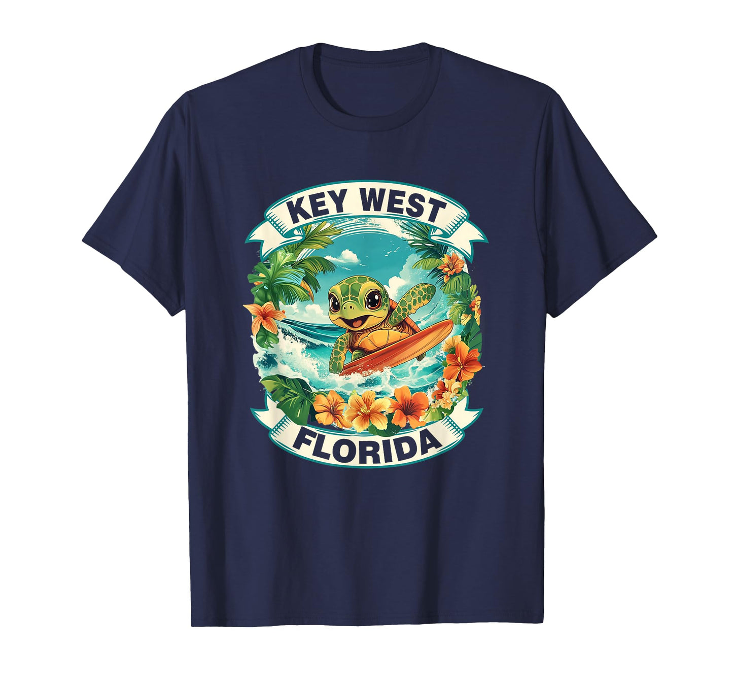Key West Florida Cute Sea Turtle Surfing Summer Vacation T-Shirt