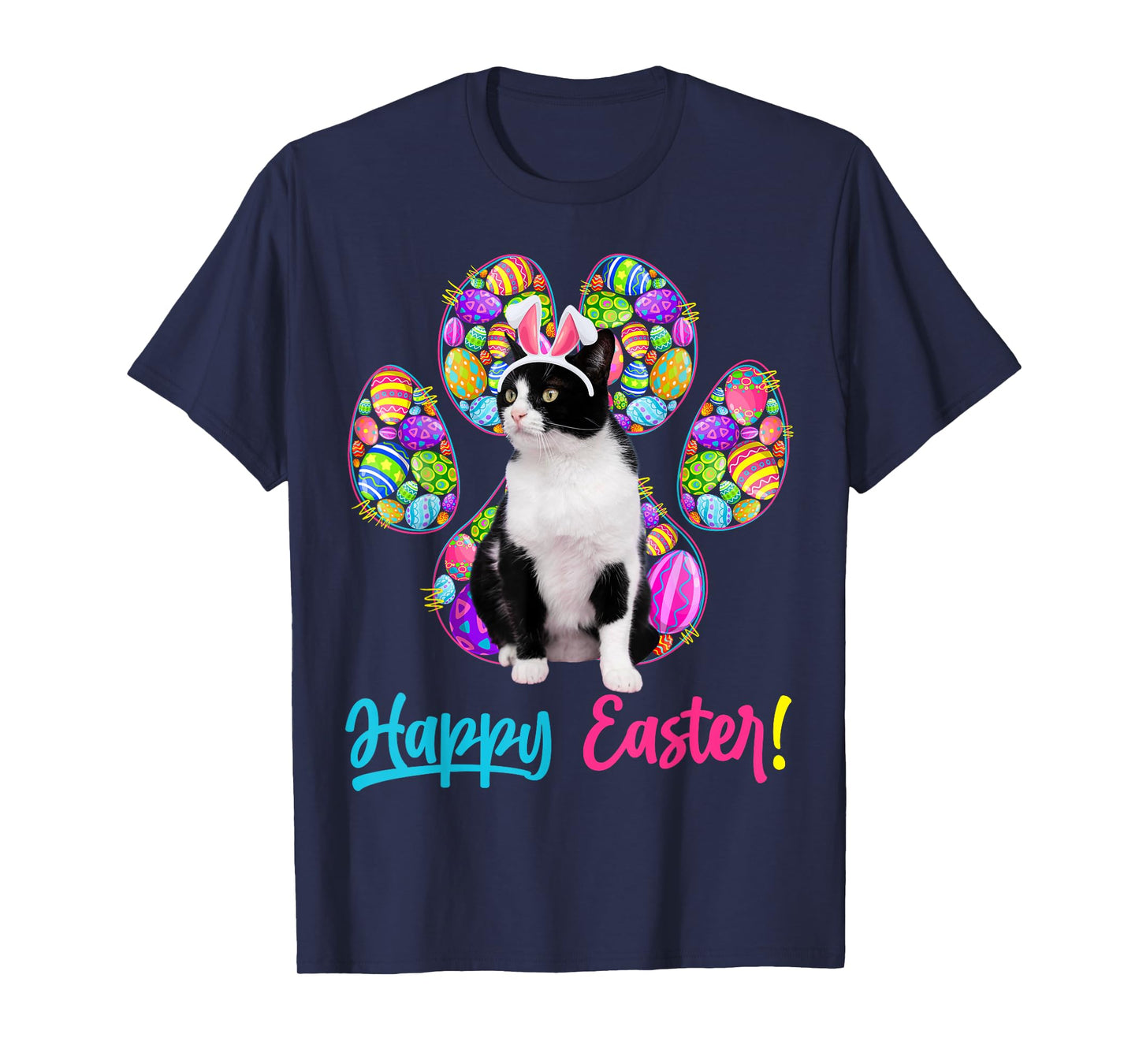 Cute Tuxedo Cat & Bunny Ears Easter Eggs Cat Paw Easter Day T-Shirt
