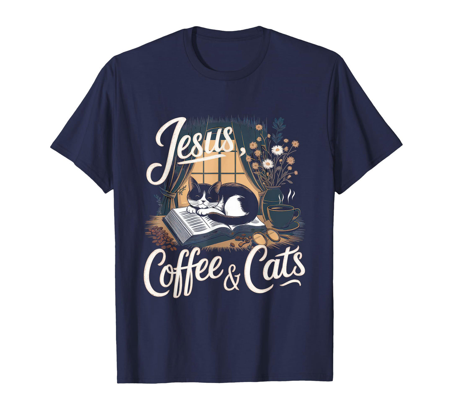 Jesus Coffee Cats Funny Cute Design Jesus Lovers Christian T-Shirt