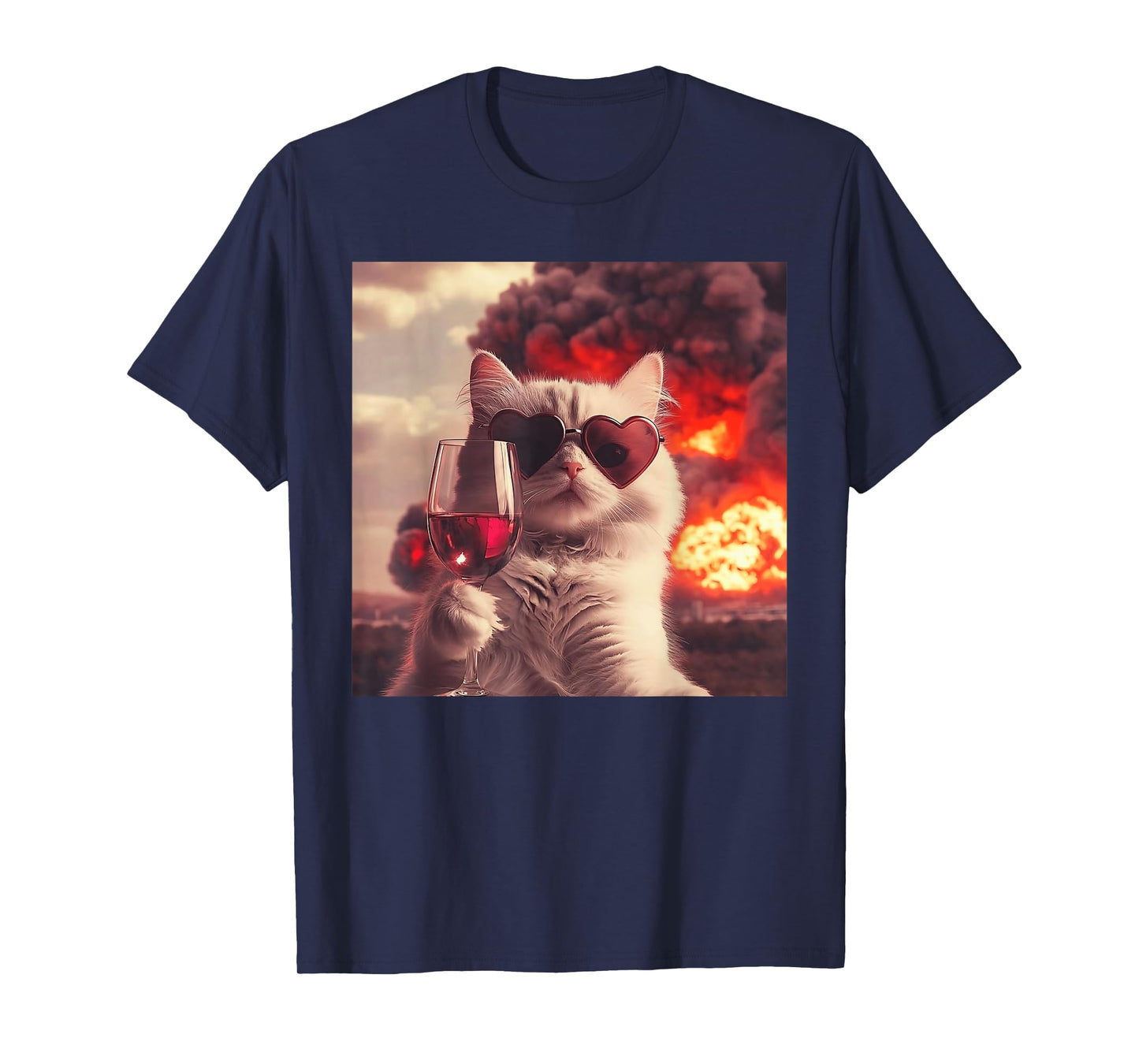 Wacky Cat Holding Wine Selfi with Fire Funny Sunglasses T-Shirt