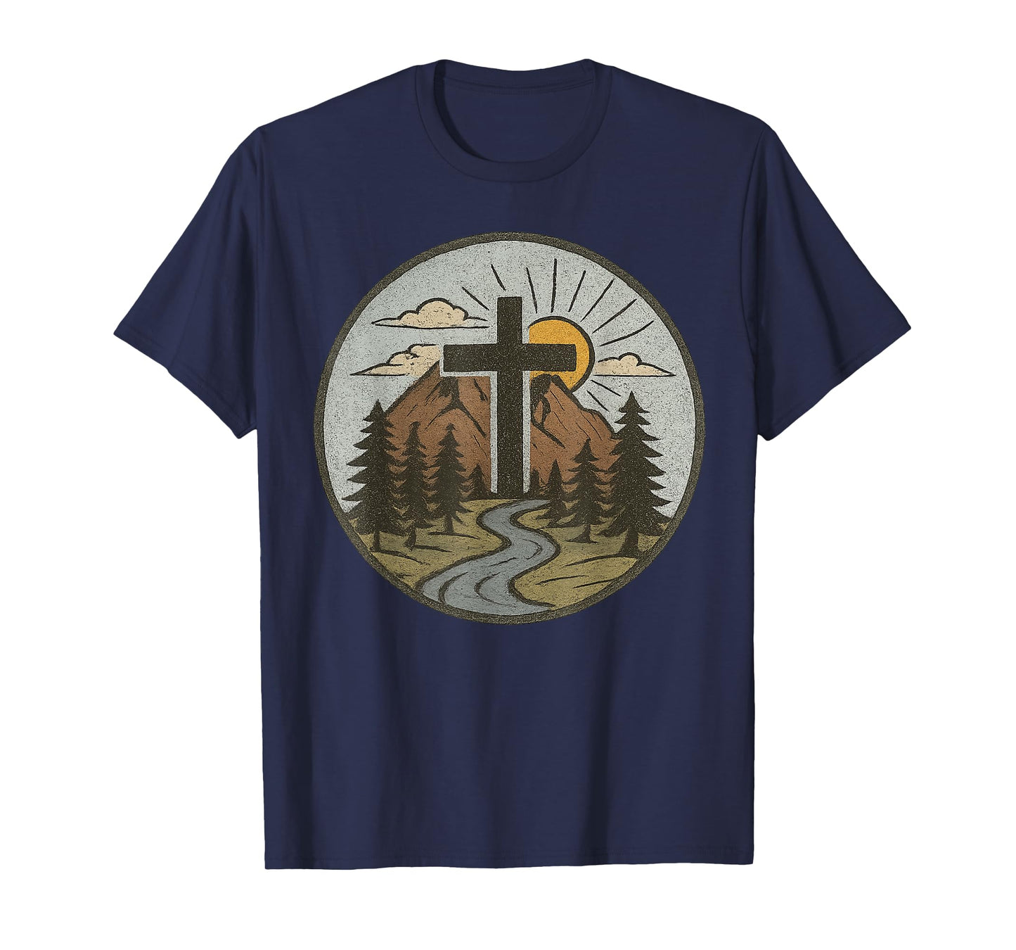 Christian Cross Mountains River Sunrise Faith-Inspired T-Shirt