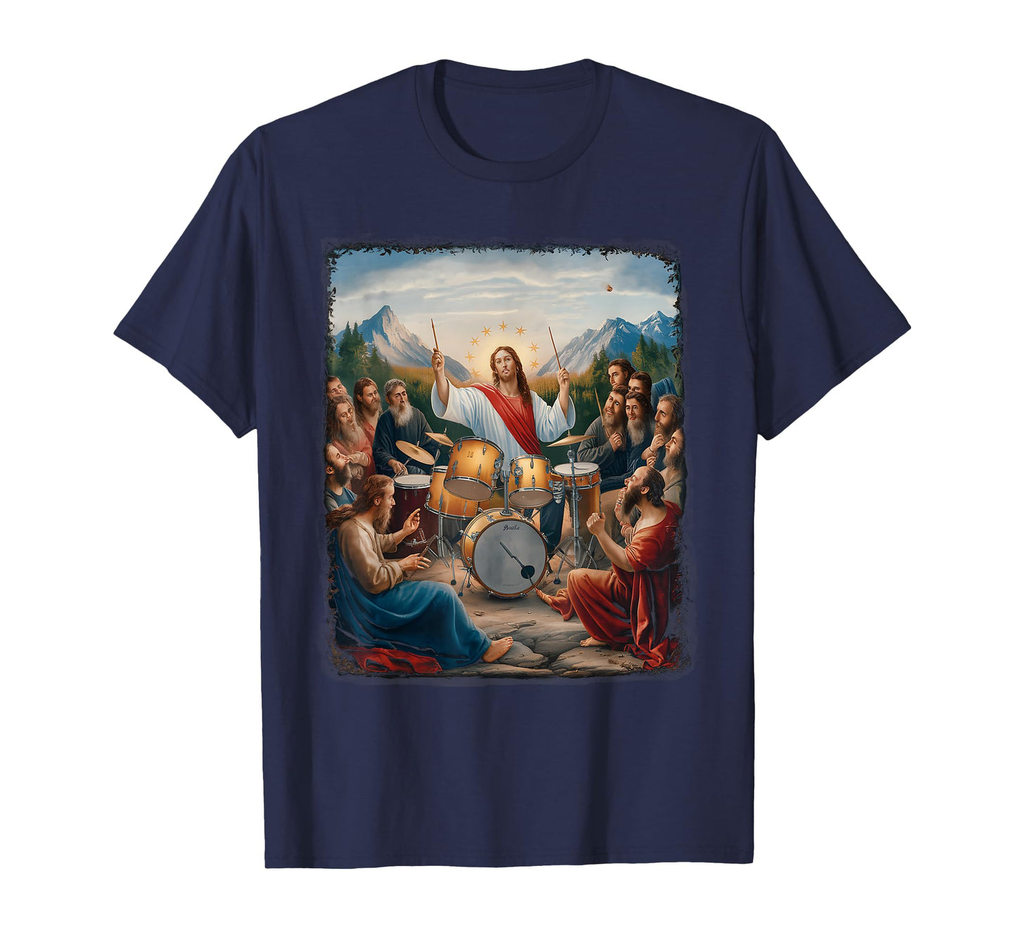 Jesus Playing Drums Funny Christian Drummer Painting T-Shirt