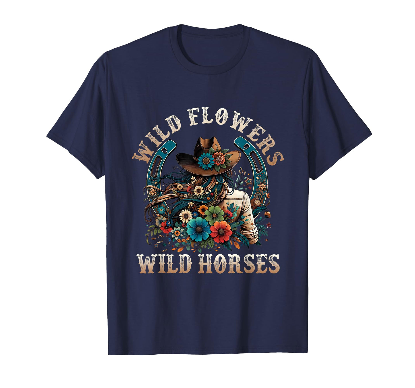Retro Southern Sunset Cowgirl Wild Flowers - Wild Horses T-Shirt