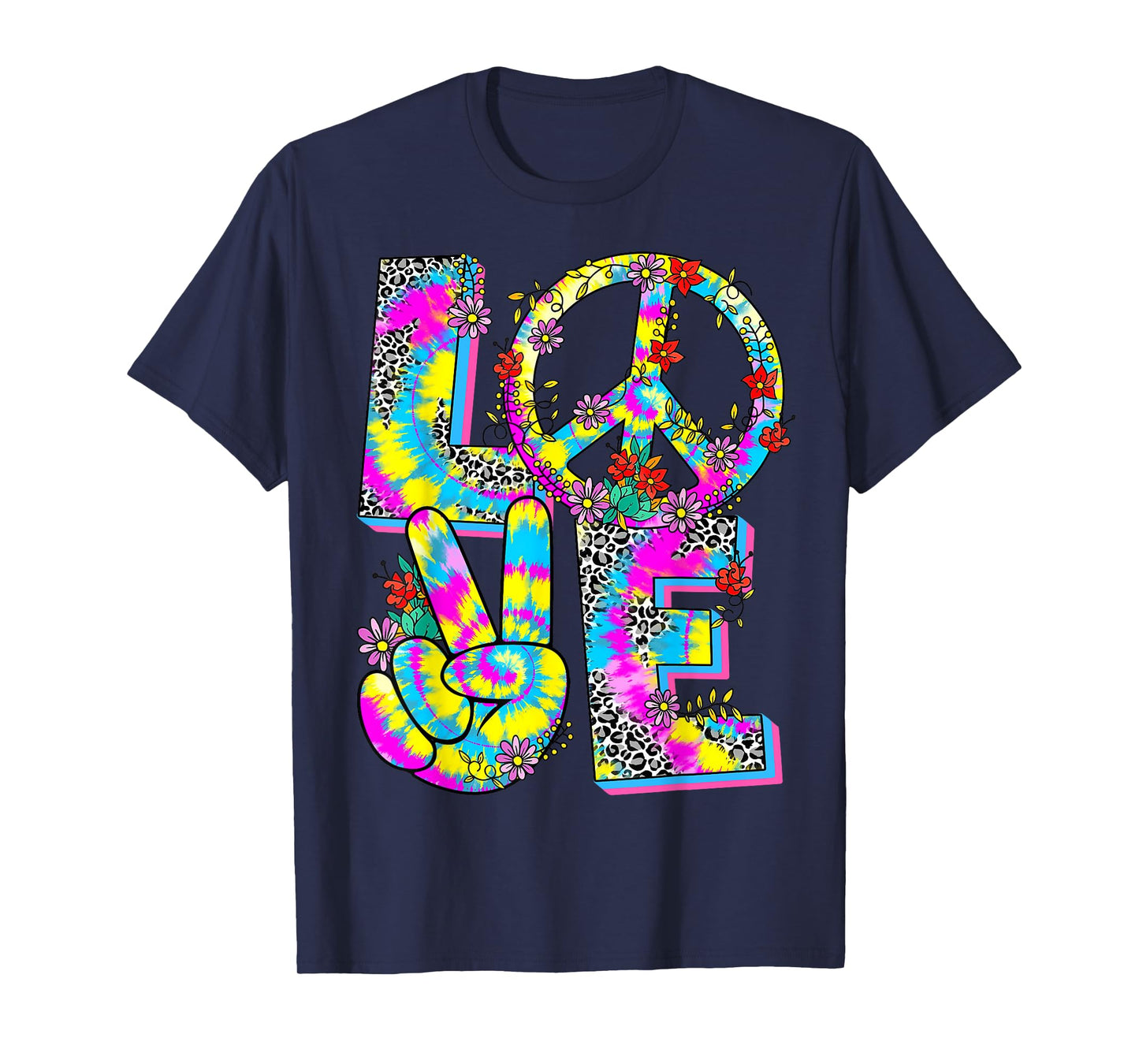 Floral Love Peace Hand Sign Leopard Tie Dye 60s 70s Hippie T-Shirt