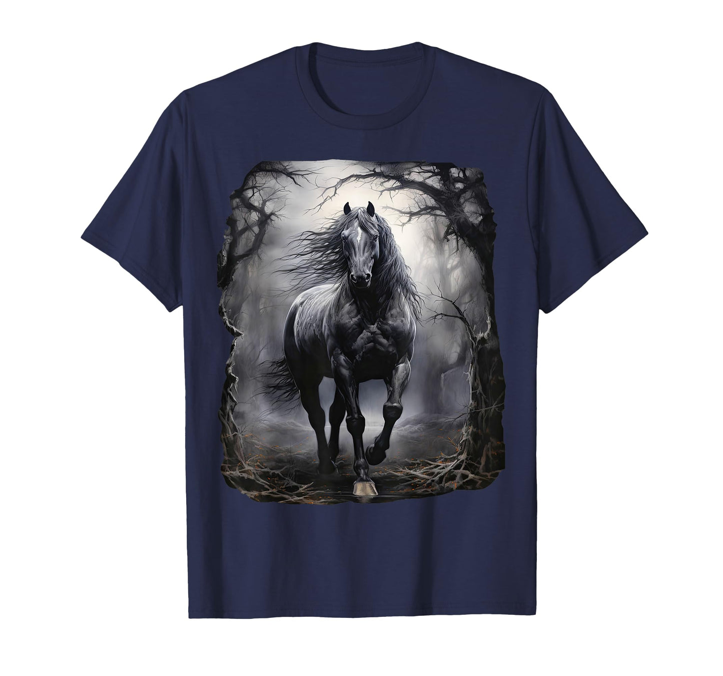 Beautiful black Horse running through the forest by night T-Shirt