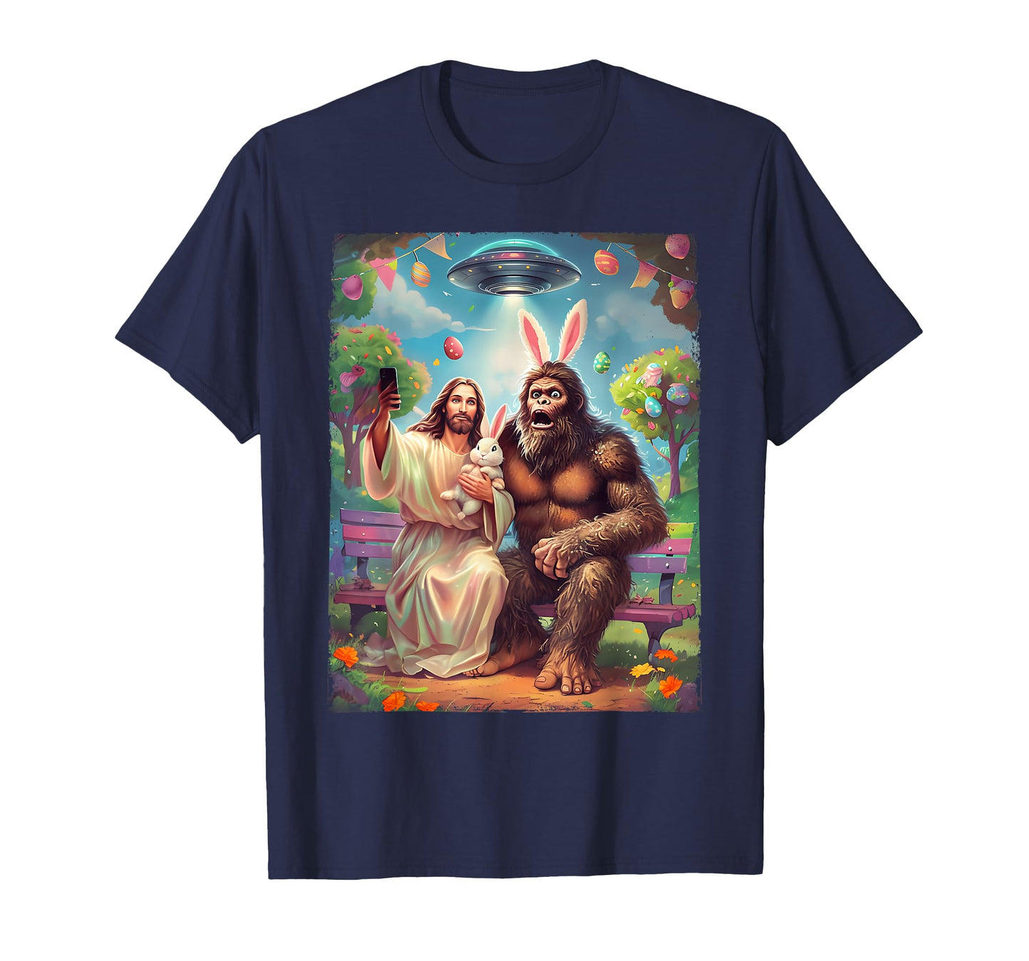 Bigfoot Bunny Funny Easter Jesus Sasquatch Selfie UFO Alien T-Shirt