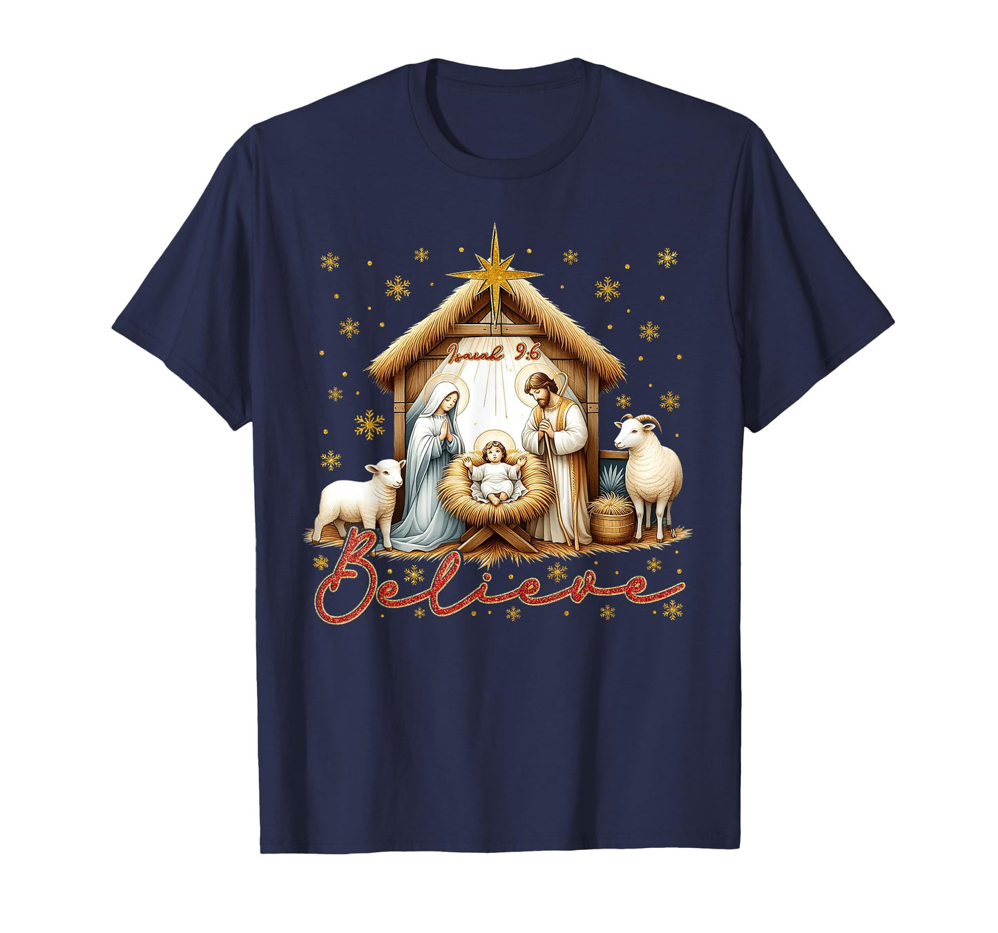 Nativity Scene BELIEVE Christian Family Merry Christmas T-Shirt