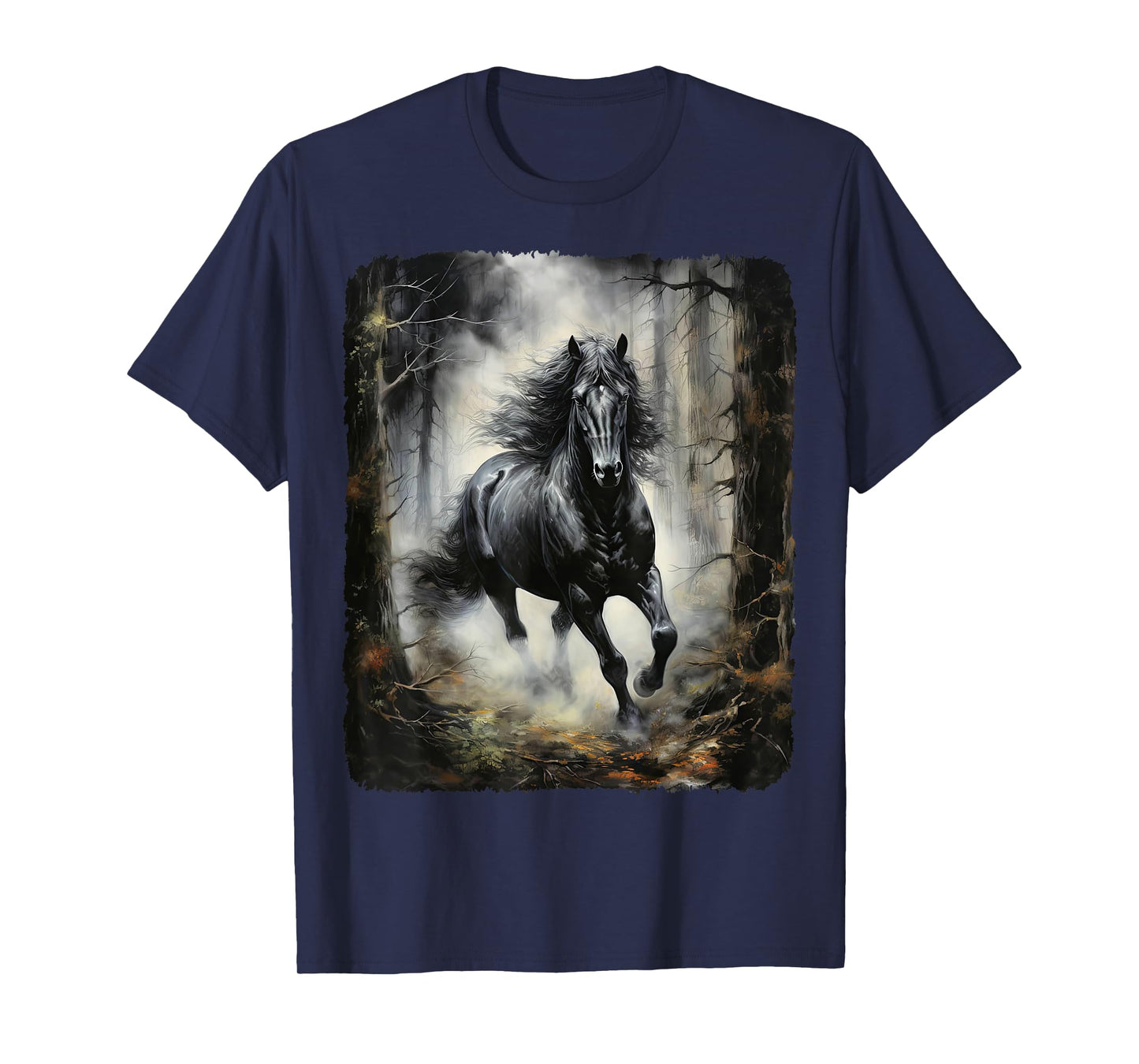 Beautiful black Horse running through the forest by night T-Shirt