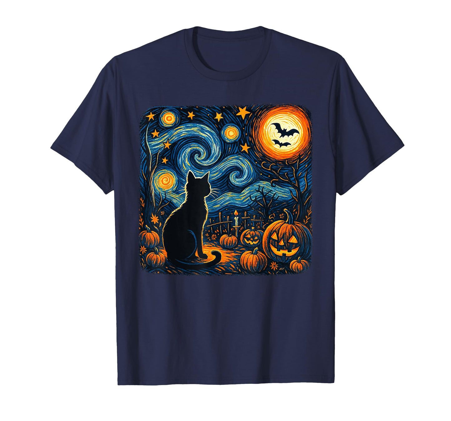 Halloween Black Cat Van Gogh Starry Night Cat Lovers Cat T-Shirt