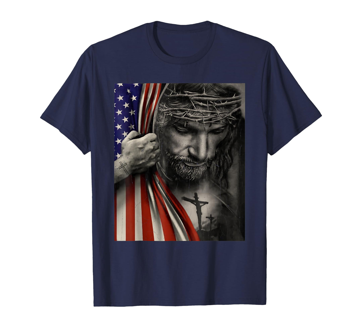 Vintage American Flag And Jesus Cross Christian Holiday T-Shirt