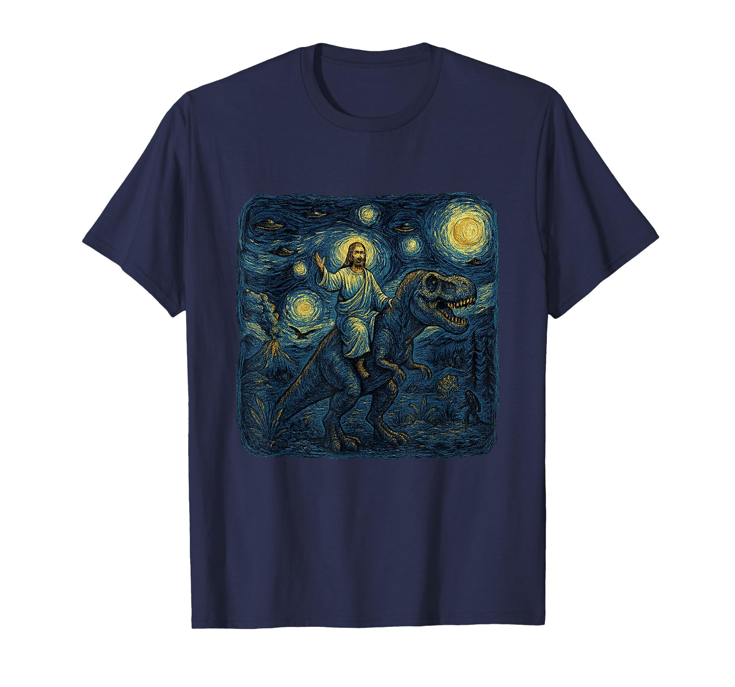 Jesus Riding Dinosaur Starry Night Funny Men Women UFOs T-Shirt