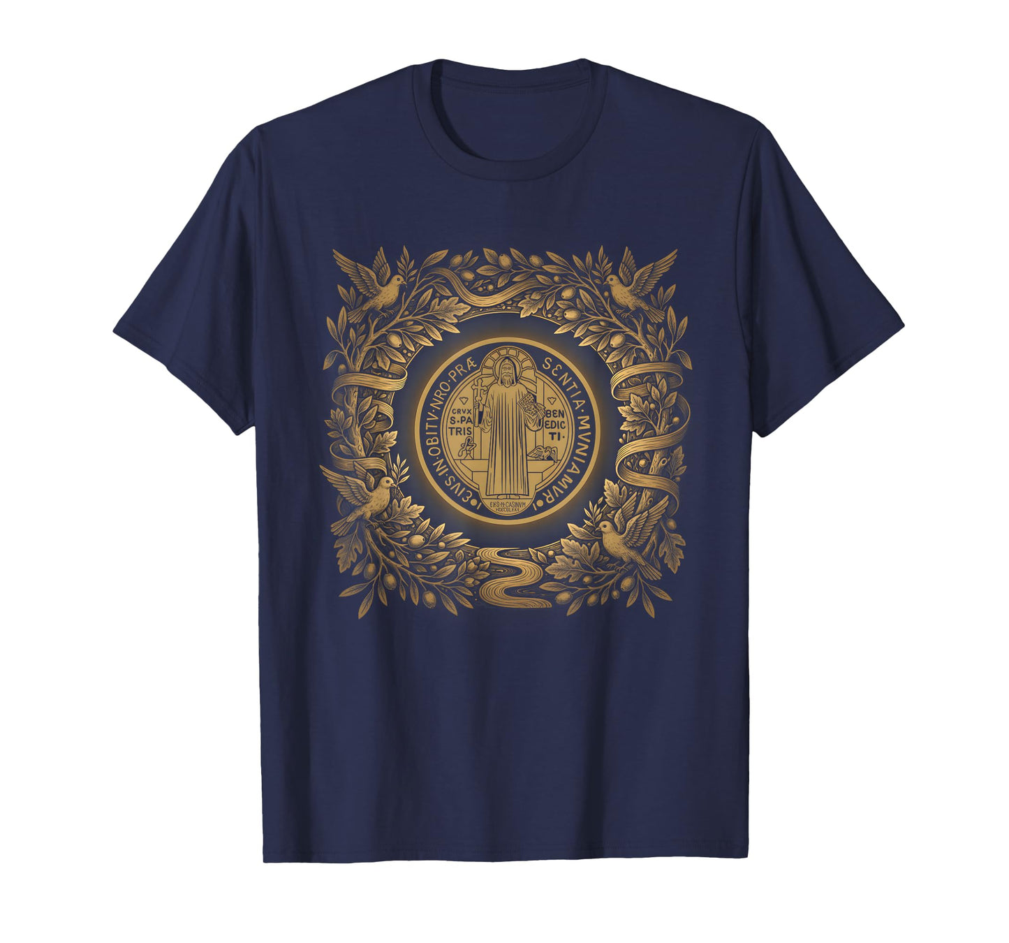 Sacred Saint Benedict Medal Dove Olive Wreath Design T-Shirt