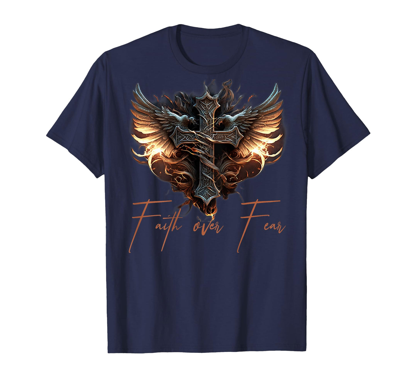 Biker Angel Wings Christian Cross Faith Over Fear - On Back T-Shirt