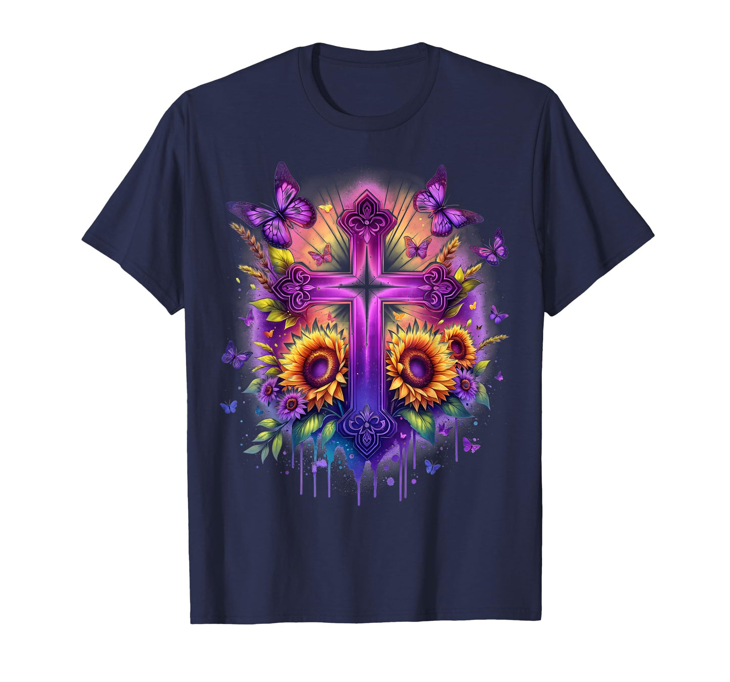 Vintage Faith Cross Sunflower Butterflies Flowers Christians T-Shirt