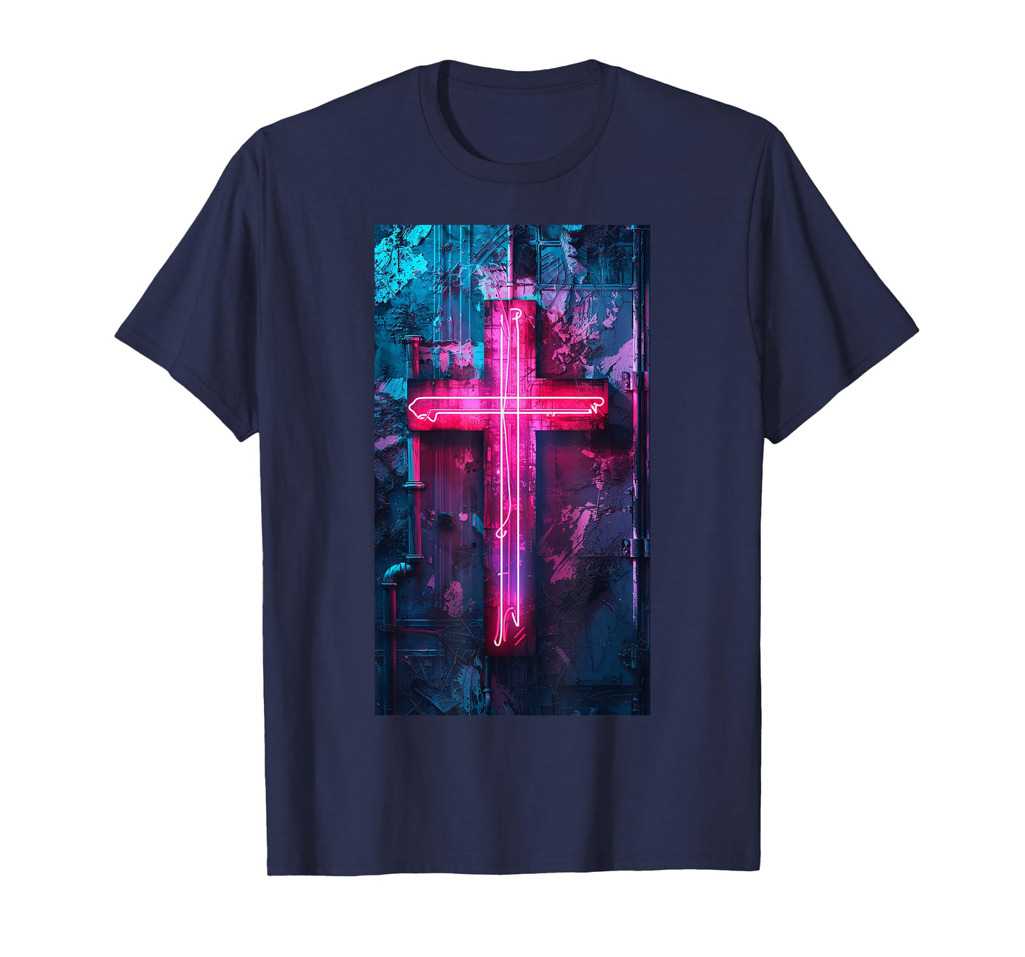 Neon Gothic Cross Neon cross Religious Cyberpunk T-Shirt