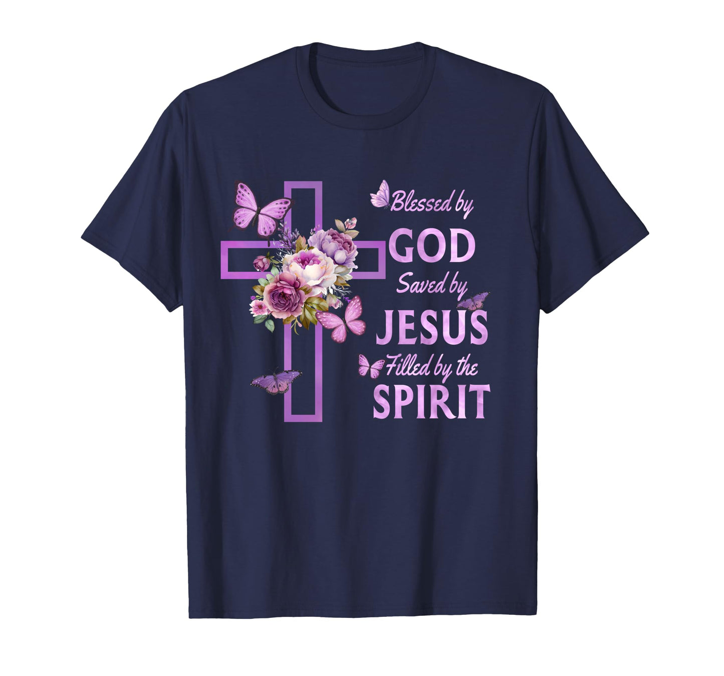 Blessed by God Saved by Jesus Purple Floral Cross Christian Long Sleeve T-Shirt