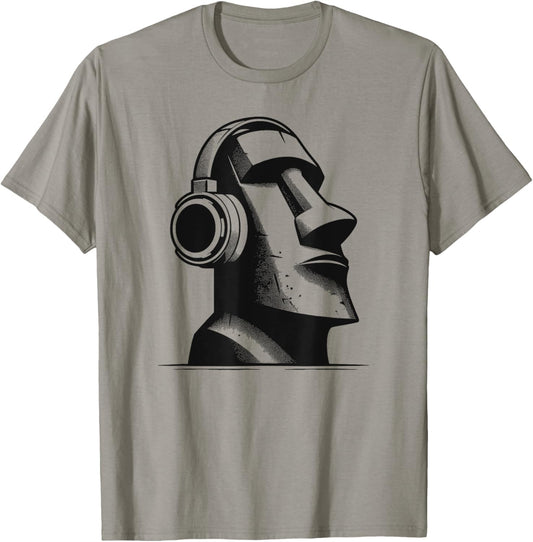 Easter Island Moai Statue Headphones Music Lover Funny T-Shirt - T-Shirt | Sand
