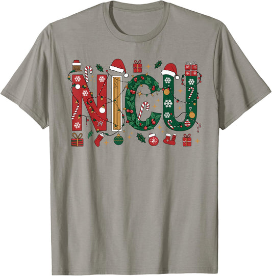 NICU Christmas Nurse Holiday Wreath Candy Cane Light Festive T-Shirt - T-Shirt | Sand