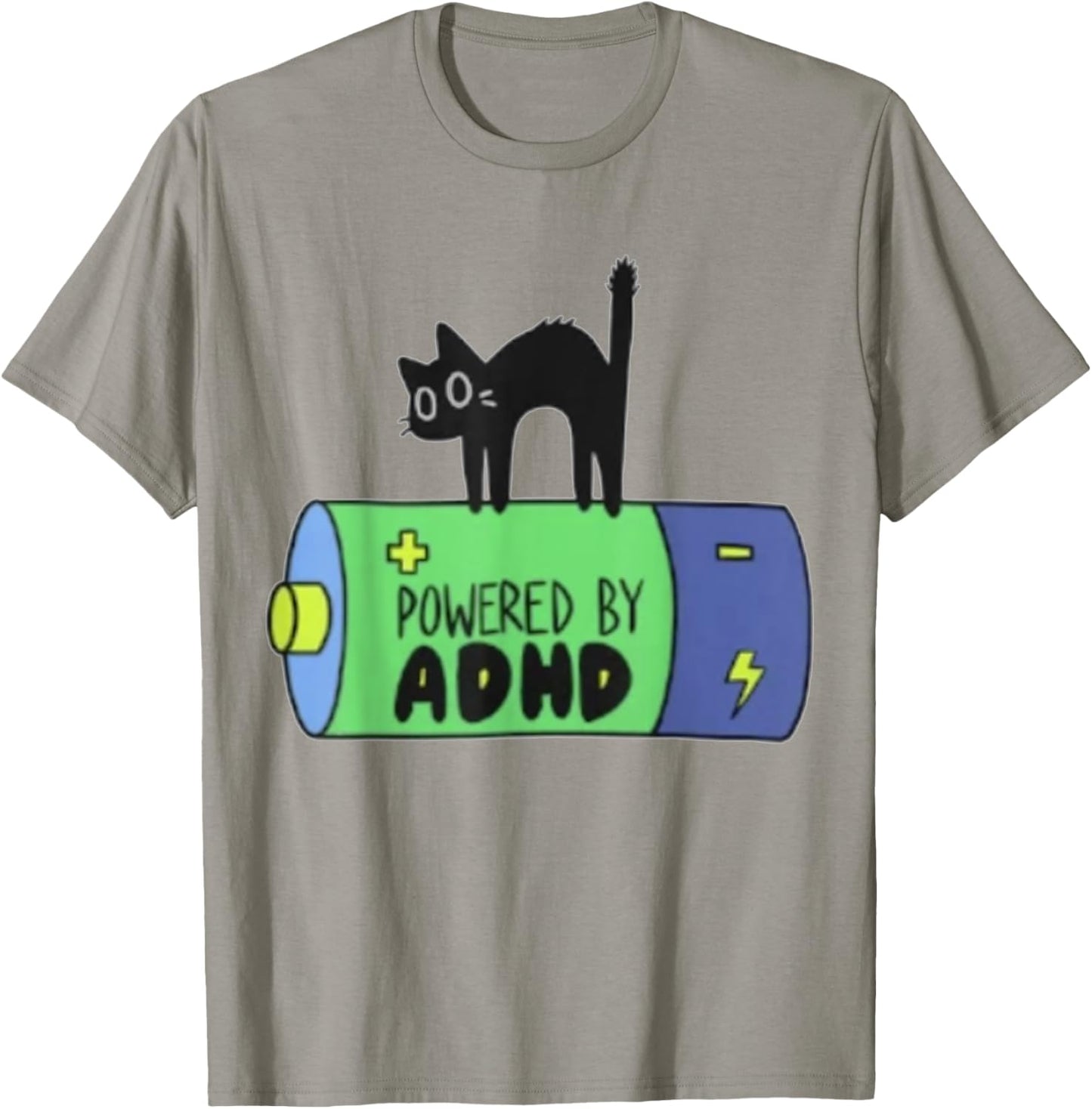 Powered By ADHD Cat Funny T-Shirt - T-Shirt | Sand