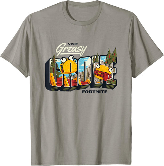 Fortnite Visit Greasy Grove Burr Burger Big Chest Poster T-Shirt - T-Shirt | Sand