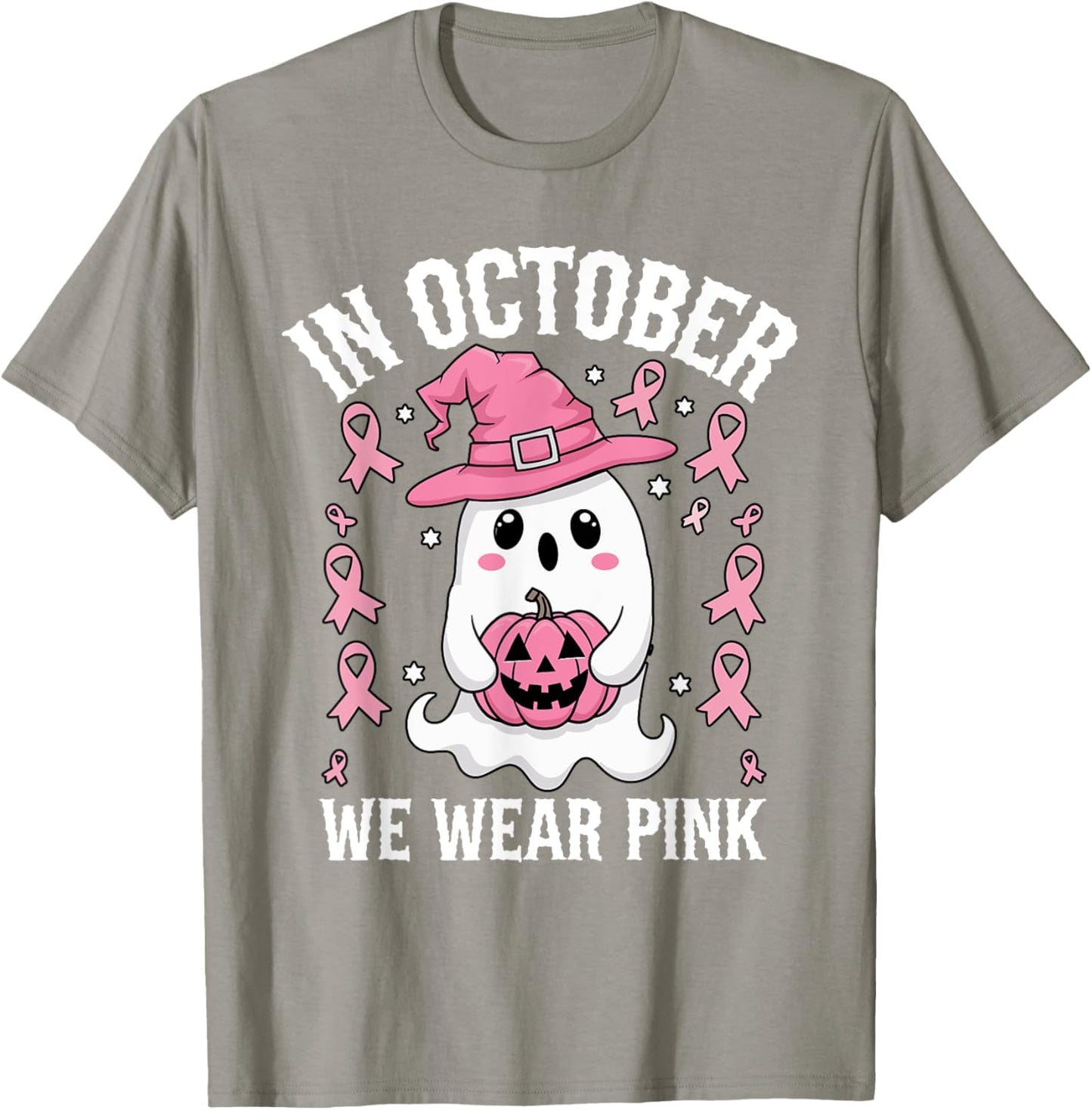 Pink October We Wear Breast Cancer Awareness Ghost Halloween T-Shirt - T-Shirt | Sand
