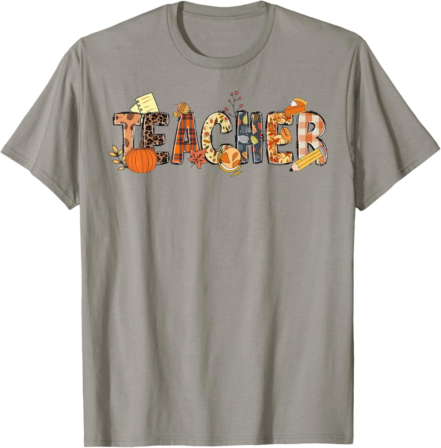 Leopard Teacher Fall Leaves Autumn Thanksgiving T-Shirt - T-Shirt | Sand