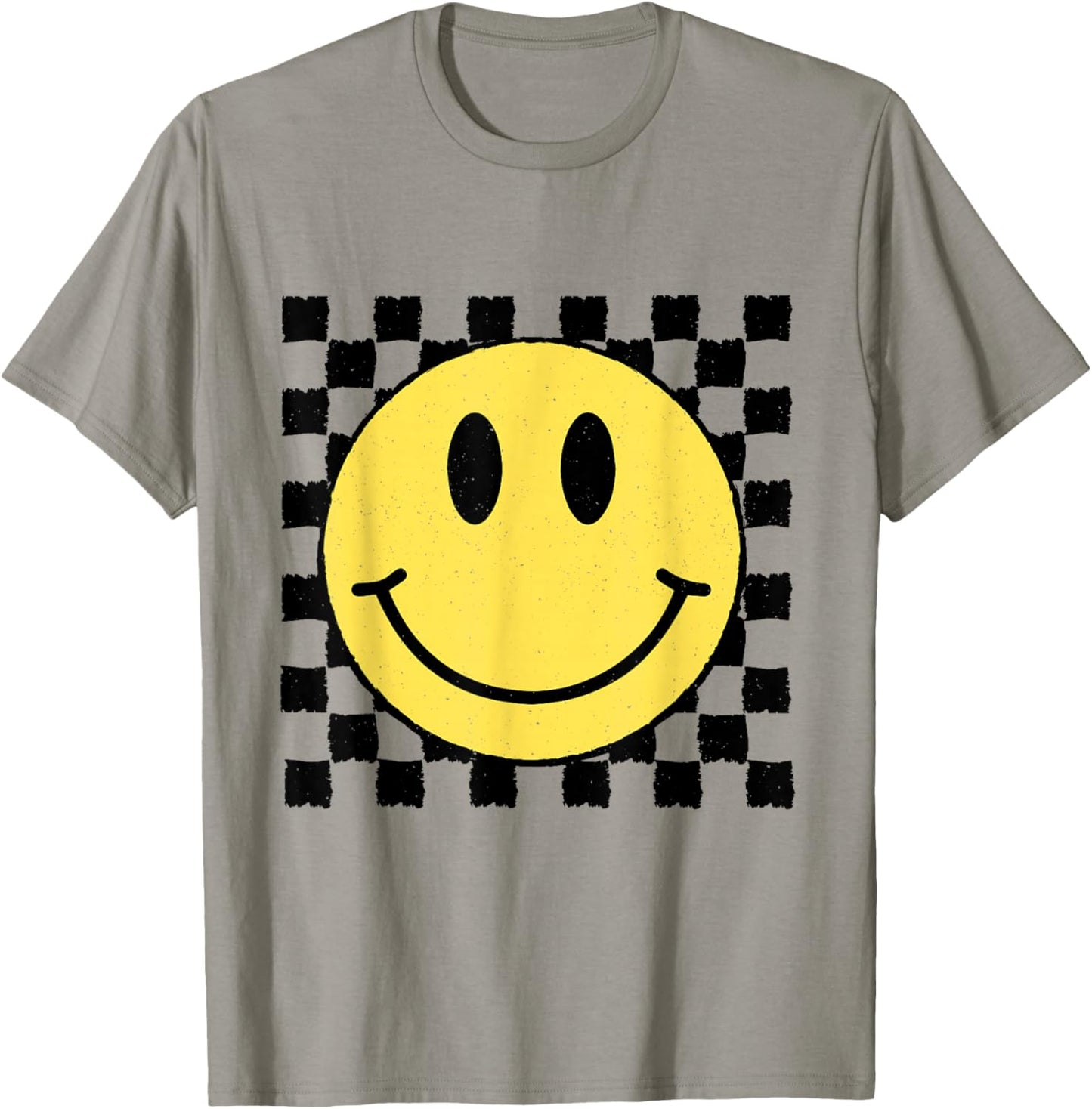 Trendy Checkered Pattern Happy Face T-Shirt - T-Shirt | Sand