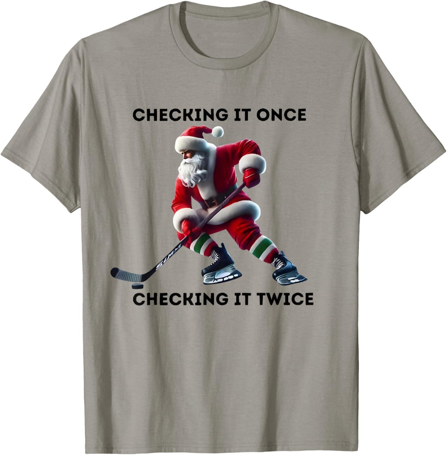 Checking It Once Checking It Twice Hockey Santa Christmas T-Shirt - T-Shirt | Sand