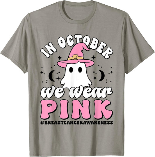 In October We Wear Pink Breast Cancer Awareness Ghost Witch T-Shirt - T-Shirt | Sand