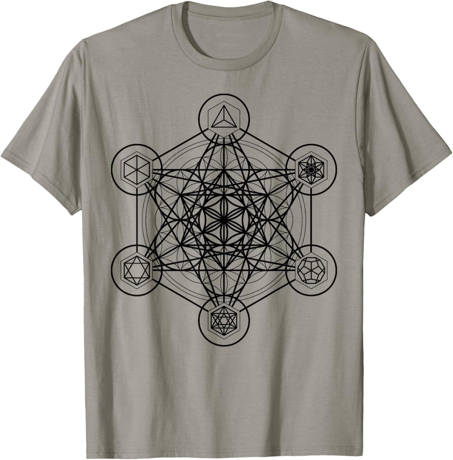 Metatron's Cube Sacred Geometry Platonic Solids Black Lines T-Shirt - T-Shirt | Sand