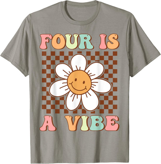 Four Is A Vibe Cute Groovy 4th Birthday Party Daisy Flower T-Shirt - T-Shirt | Sand