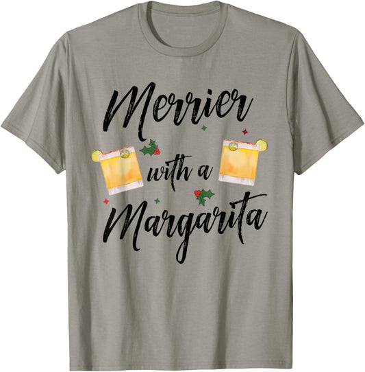 Merrier With A Margarita Christmas Margarita Xmas Tequila T-Shirt - T-Shirt | Sand