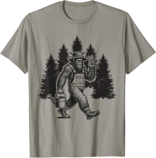 Bigfoot Gardener Watering Plants Retro Sasquatch Gardening T-Shirt - T-Shirt | Sand