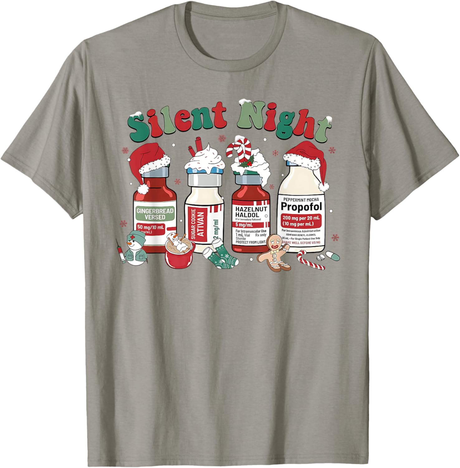Peppermint Mocha Propofol Silent Night Christmas Nurse ICU T-Shirt - T-Shirt | Sand