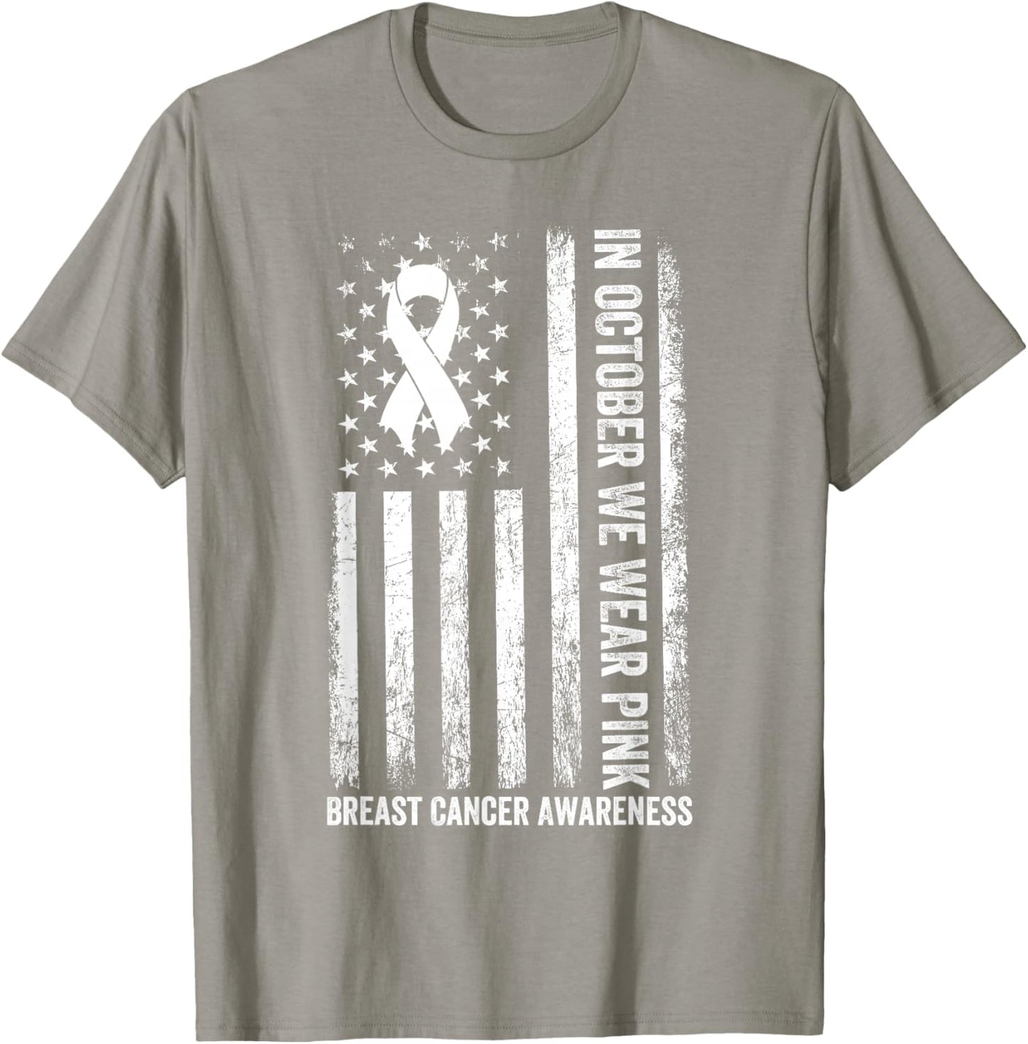 In October We Wear Pink USA Flag Breast Cancer Awareness T-Shirt - T-Shirt | Sand