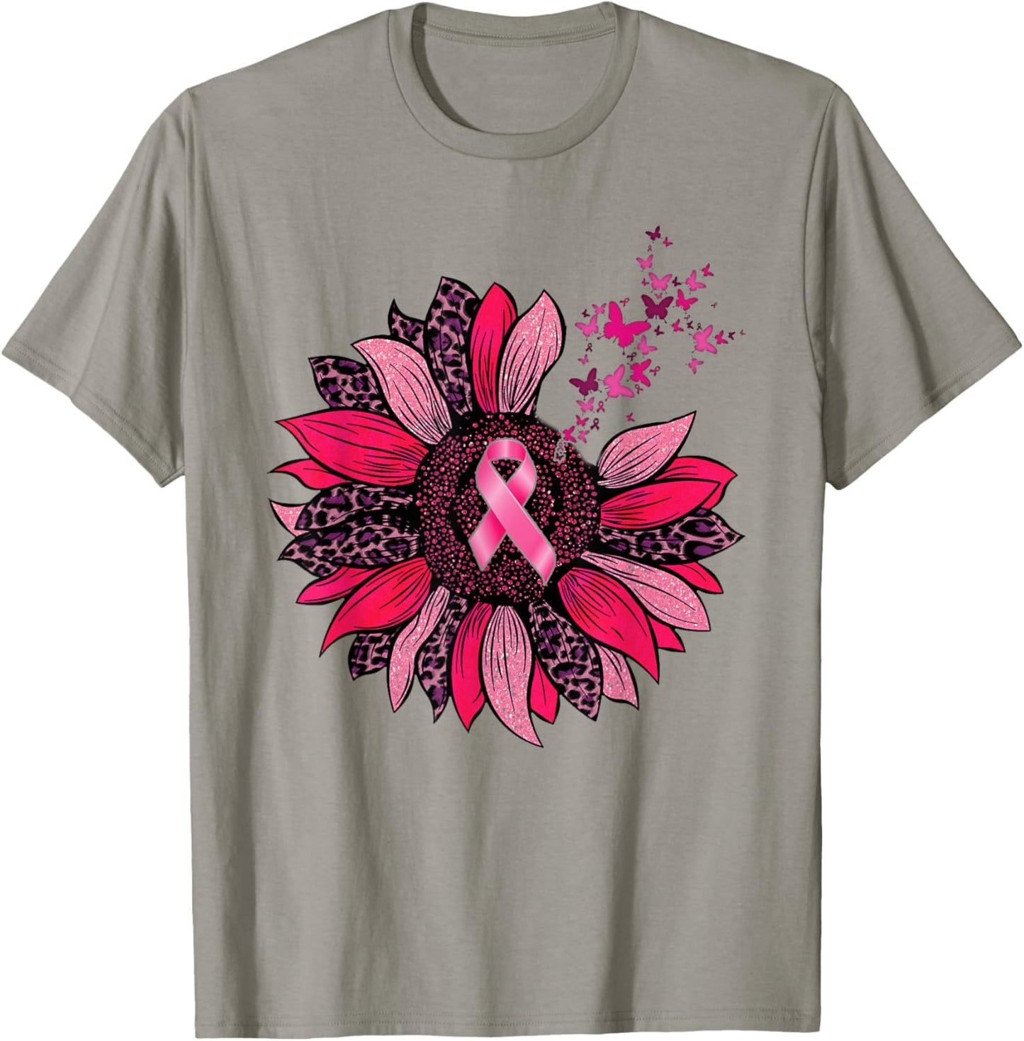 Breast Cancer Awareness Butterfly Sunflower Pink Ribbon T-Shirt - T-Shirt | Sand