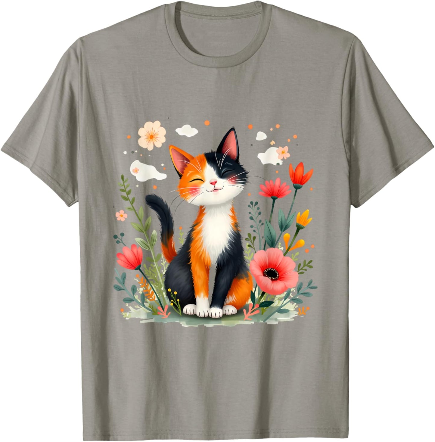 Smiling Calico Cat Cute Floral Kitten Cartoon Kitty Outdoors T-Shirt - T-Shirt | Sand